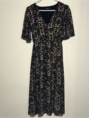Blu Pepper Size S Floral V-Neck Maxi Dress in Black